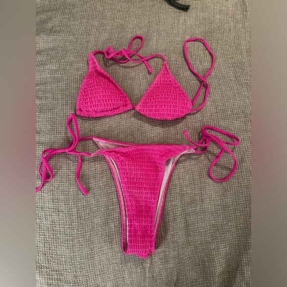 Smocked Halter Triangle Tie Side Bikini Swimsuit - Picture 3 of 5